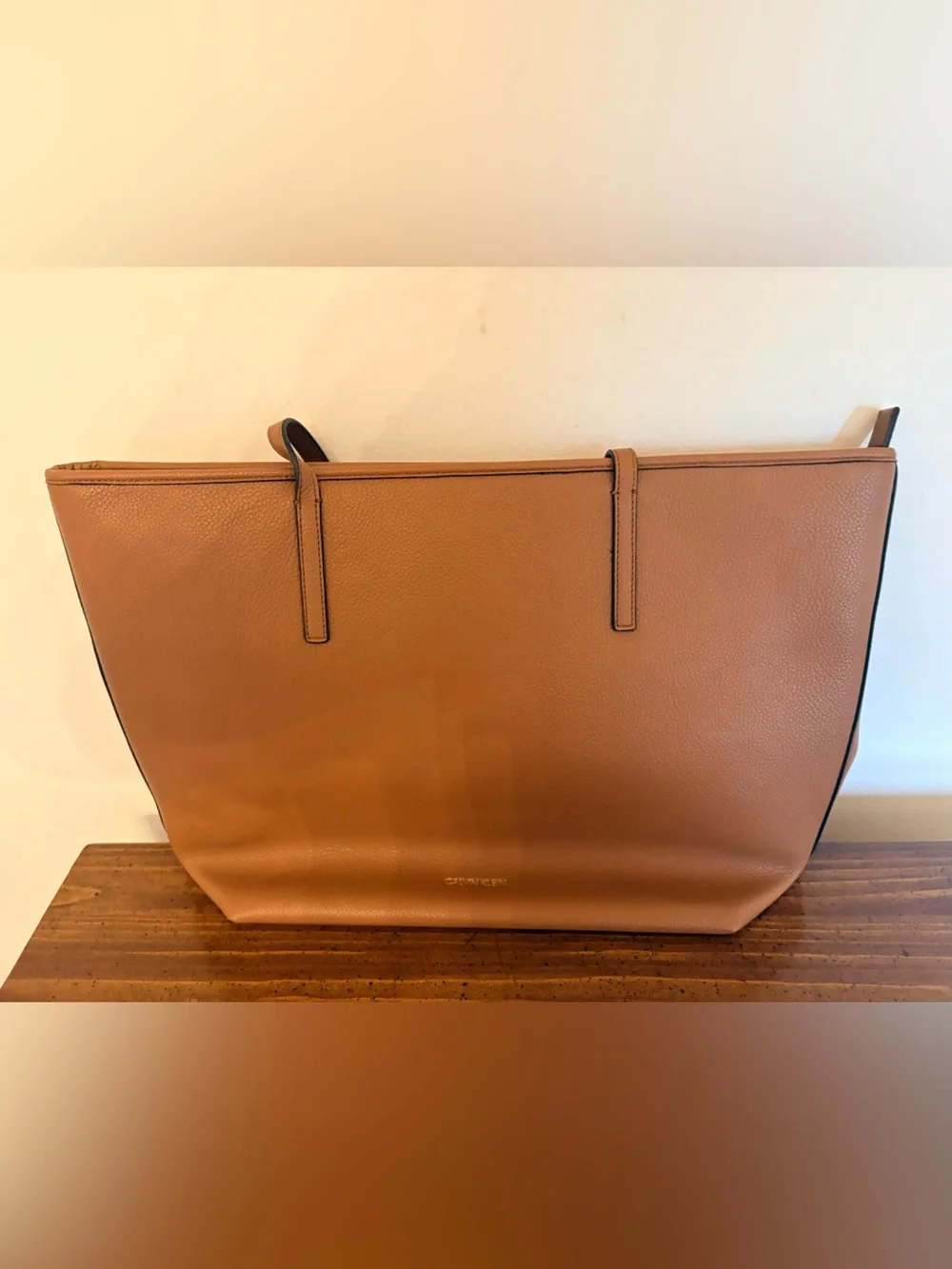 Calvin Klein Caramel Pebbled Faux Leather Tote Classic Large Boho Chic Elegant